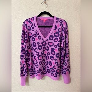 Lilly Pulitzer Pink Purple Leopard V-Neck Sweater Sz L Preppy Swifty Designer